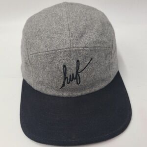 HUF Hat Strapback 5 Panel Gray Black Wool Blend Script Skate Skateboard Surf Men